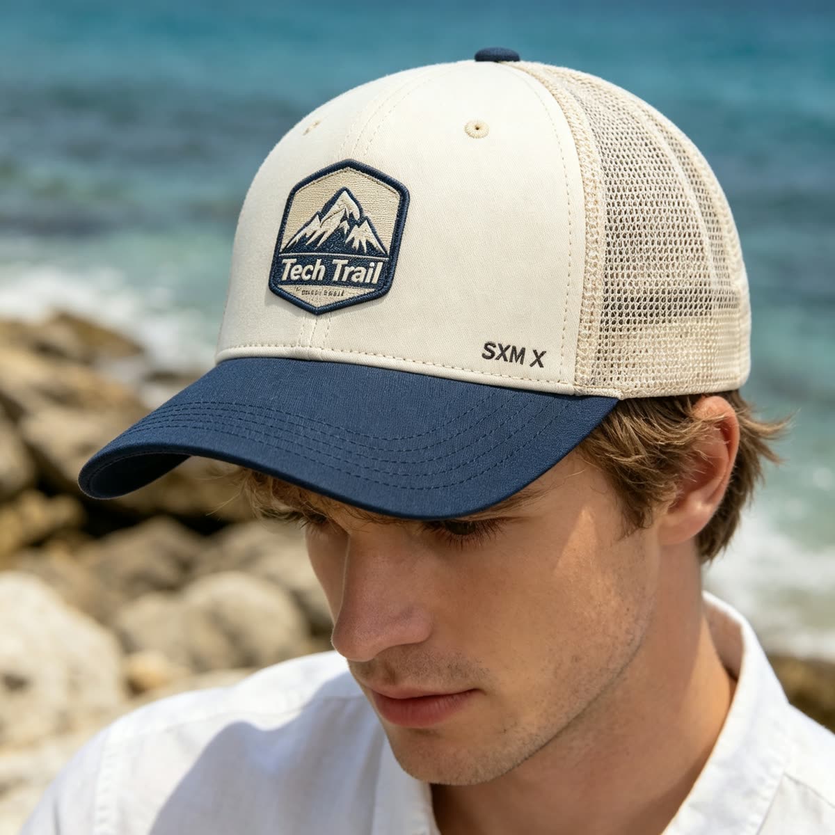 Custom Embroidered Mountain Trucker Cap with Mesh Back on model