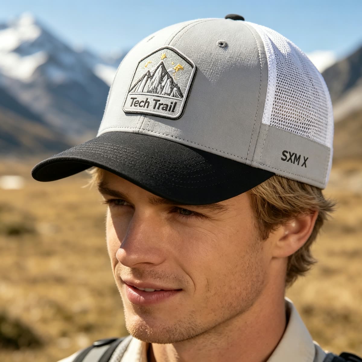 Custom Embroidered Mountain Trucker Cap with Mesh Back on model