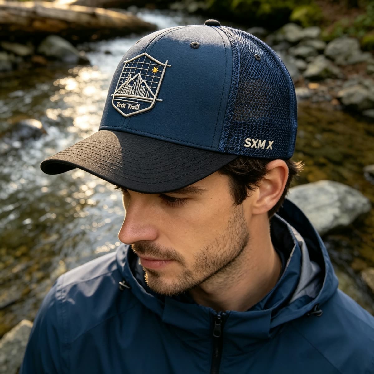 Custom Embroidered Mountain Trucker Cap with Mesh Back on model