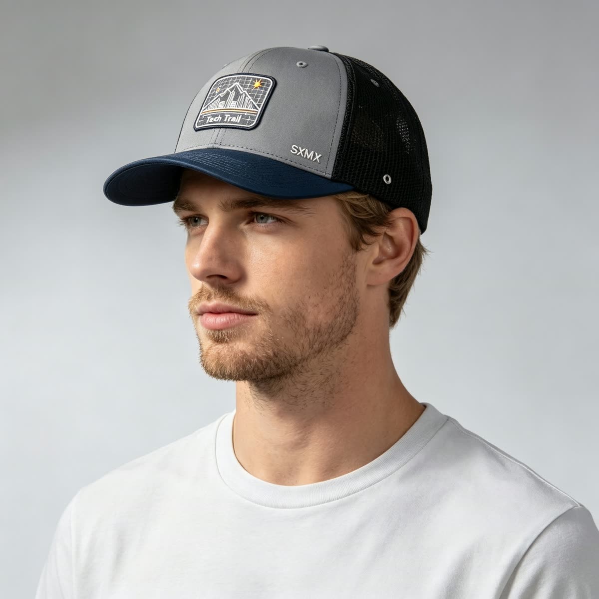 Custom Embroidered Mountain Trucker Cap with Mesh Back on model