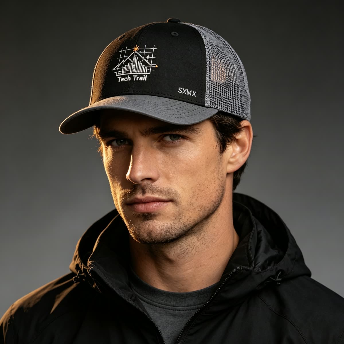 Custom Embroidered Mountain Trucker Cap with Mesh Back on model