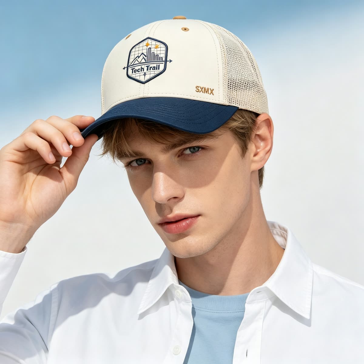 Custom Embroidered Mountain Trucker Cap with Mesh Back on model