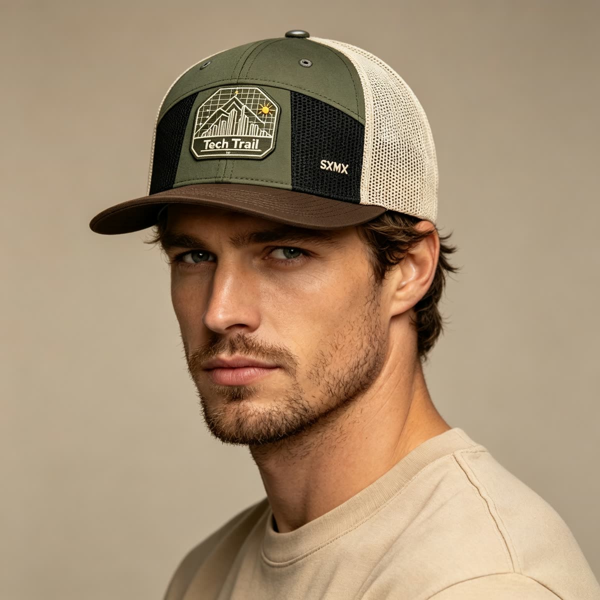 Custom Embroidered Mountain Trucker Cap with Mesh Back on model