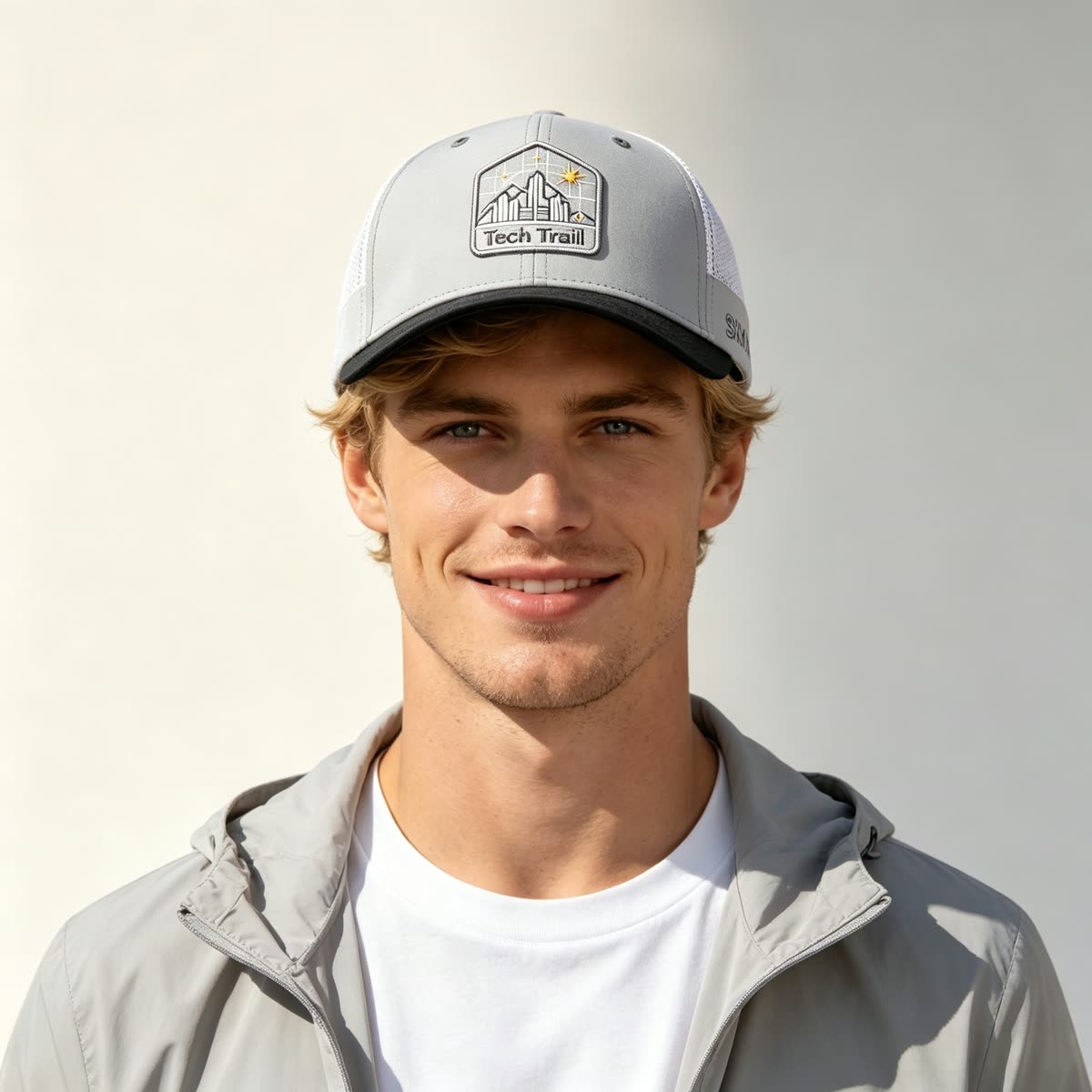 Custom Embroidered Mountain Trucker Cap with Mesh Back on model