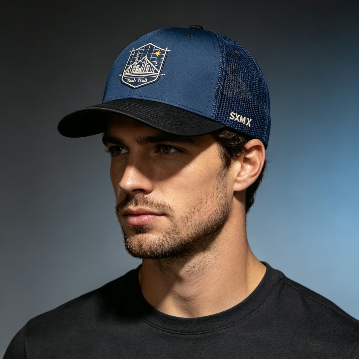 Custom Embroidered Mountain Trucker Cap with Mesh Back on model