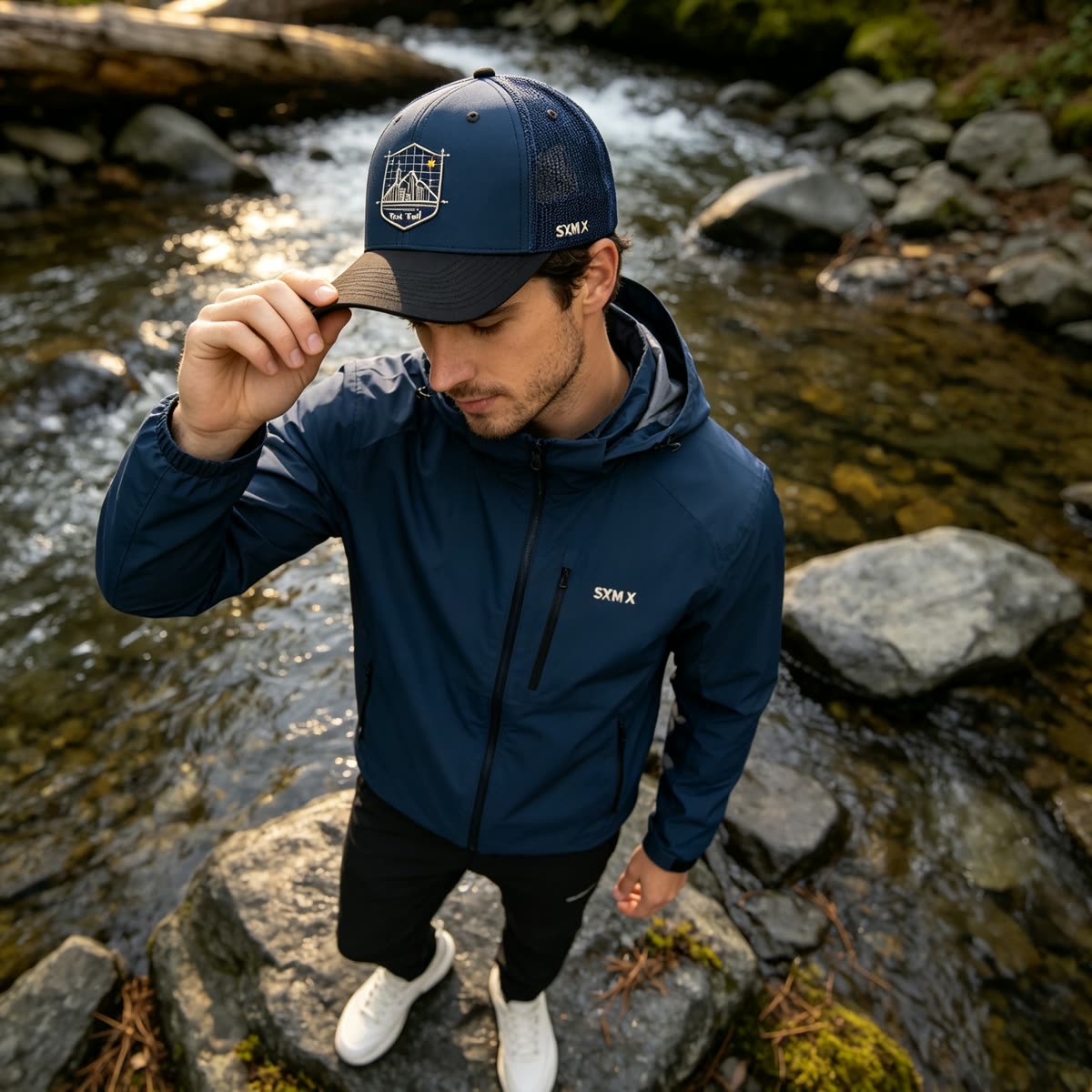 Custom Embroidered Mountain Trucker Cap with Mesh Back on model
