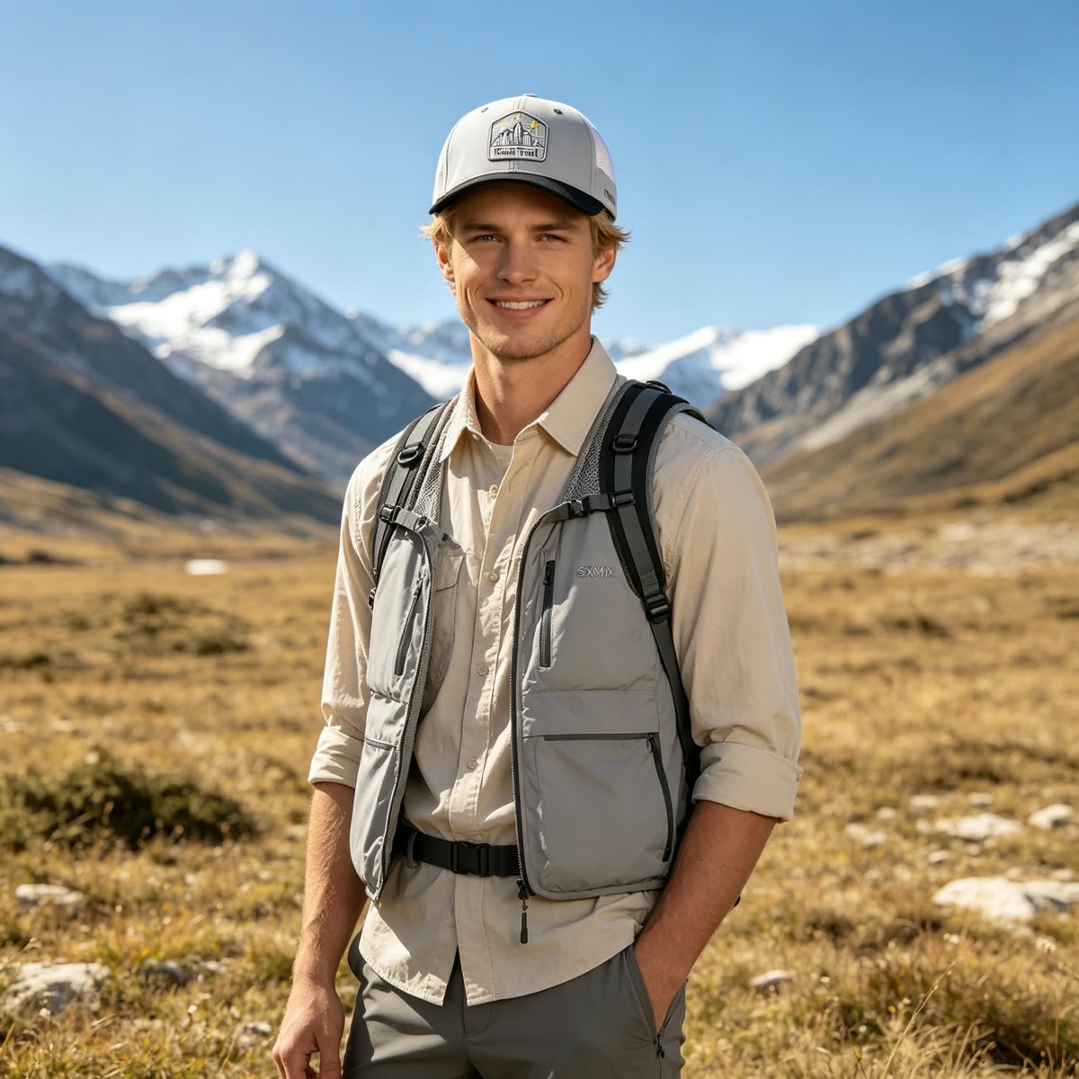 Custom Embroidered Mountain Trucker Cap with Mesh Back on model
