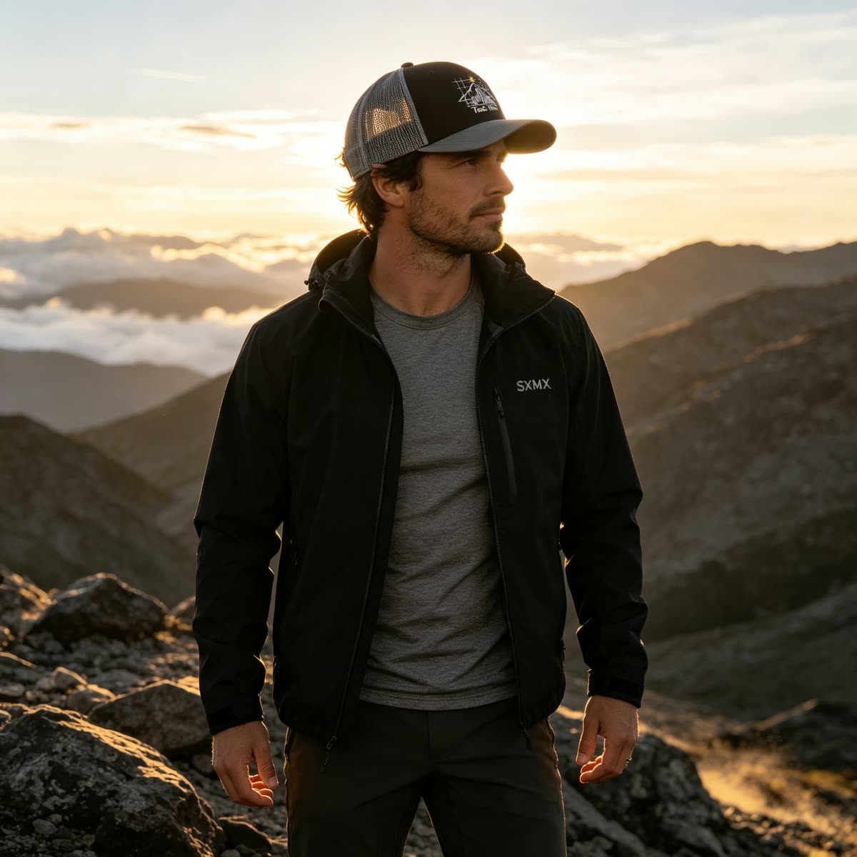 Custom Embroidered Mountain Trucker Cap with Mesh Back on model