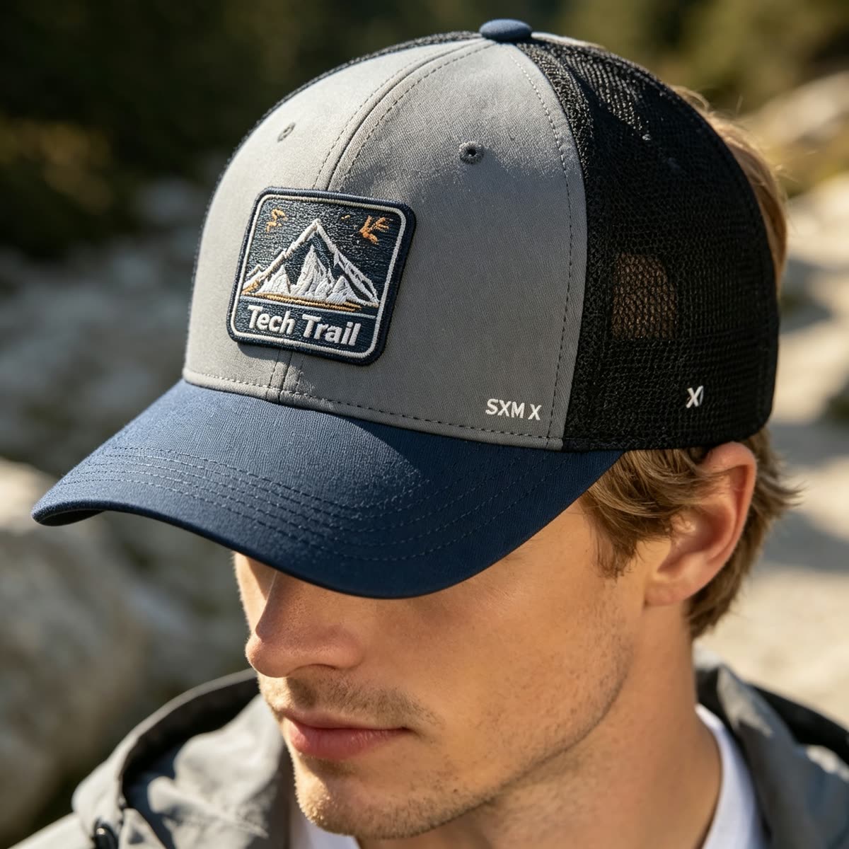 Custom Embroidered Mountain Trucker Cap with Mesh Back on model