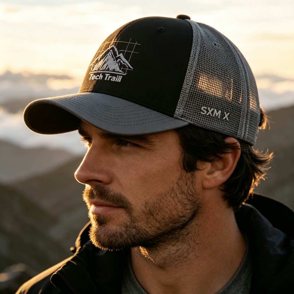 Custom Embroidered Mountain Trucker Cap with Mesh Back on model