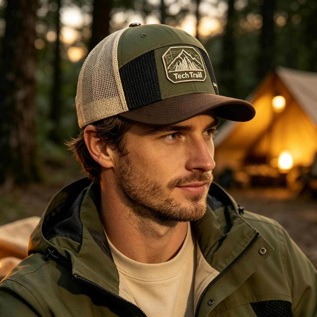 Custom Embroidered Mountain Trucker Cap with Mesh Back on model