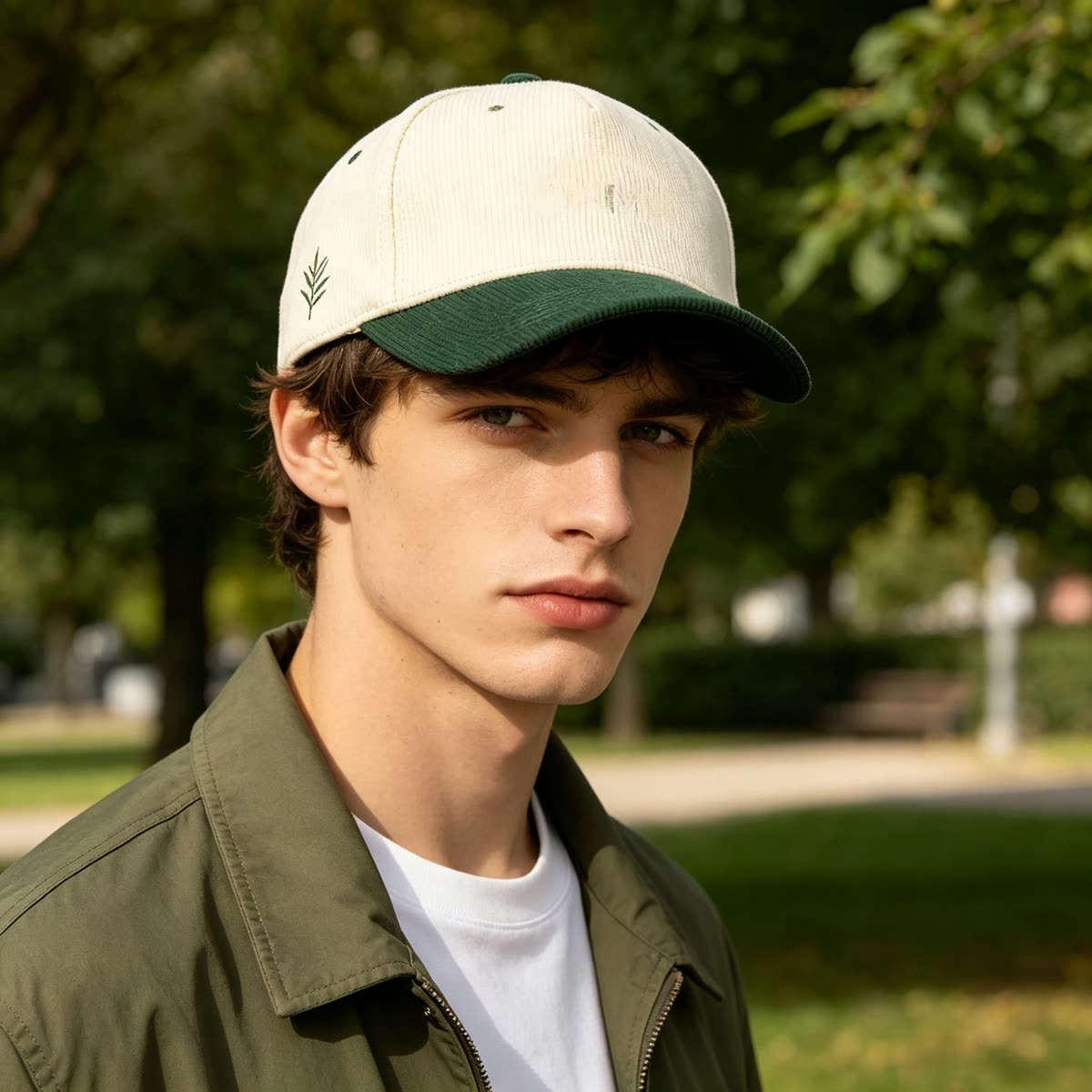 Custom Plaid Pattern Baseball Cap with Embroidered Logo on model
