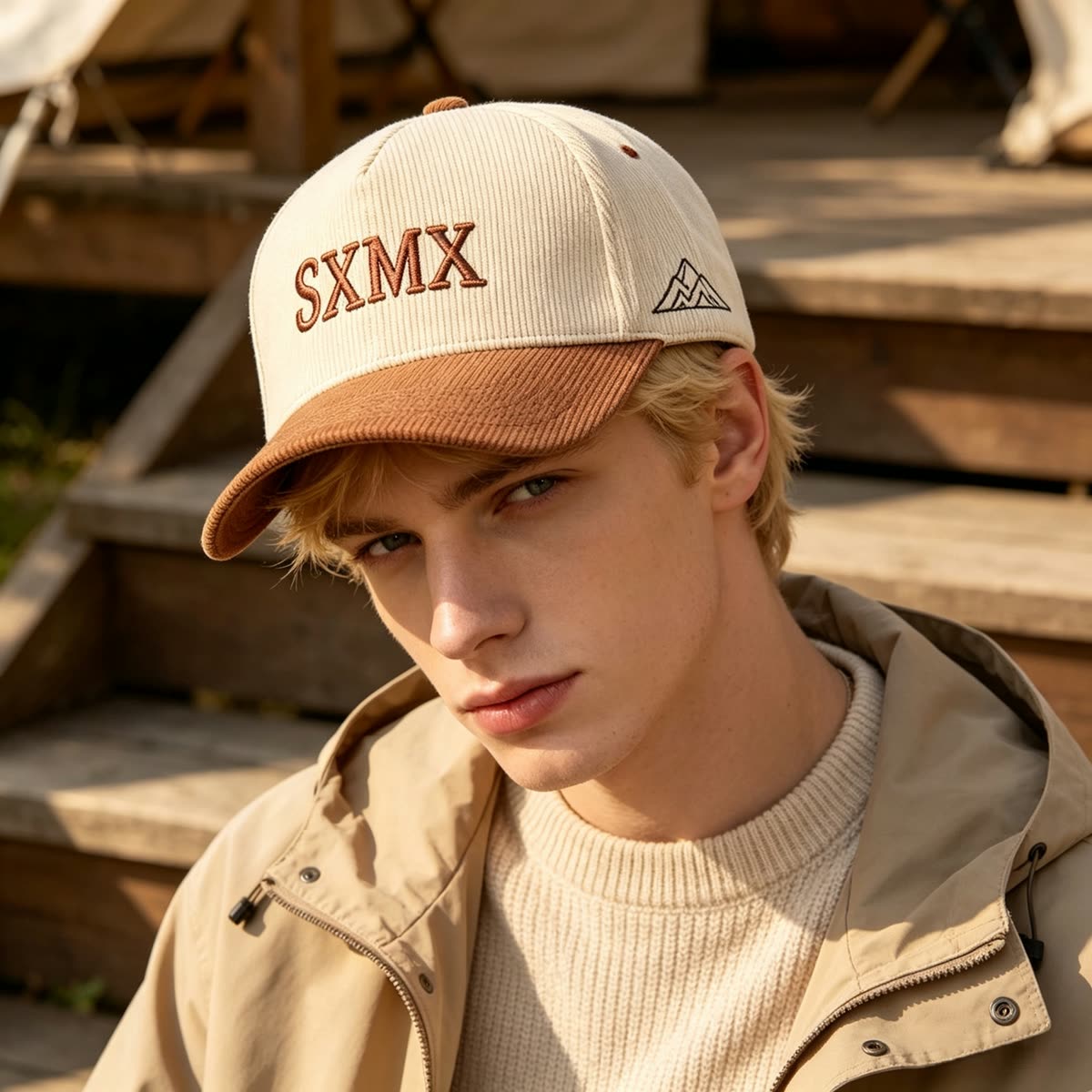 Custom Plaid Pattern Baseball Cap with Embroidered Logo on model