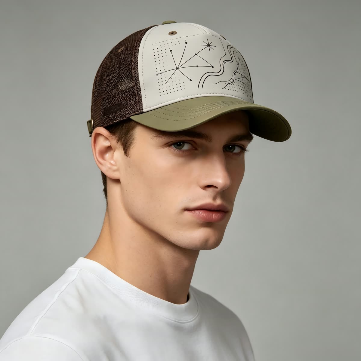Custom Constellation Print Camp Cap with Colorblock on model