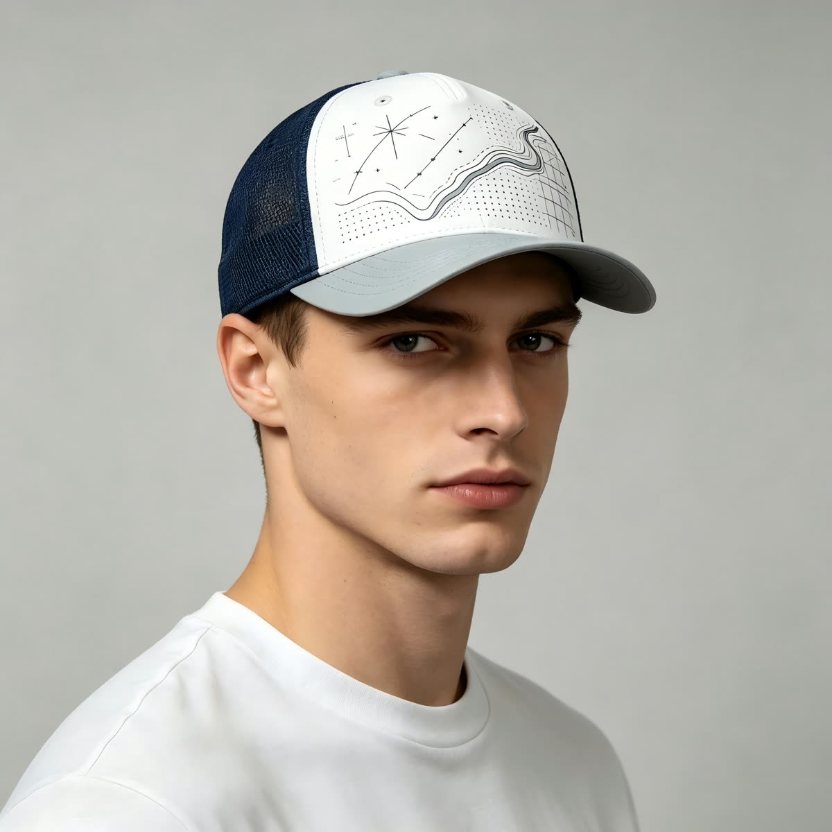 Custom Constellation Print Camp Cap with Colorblock on model