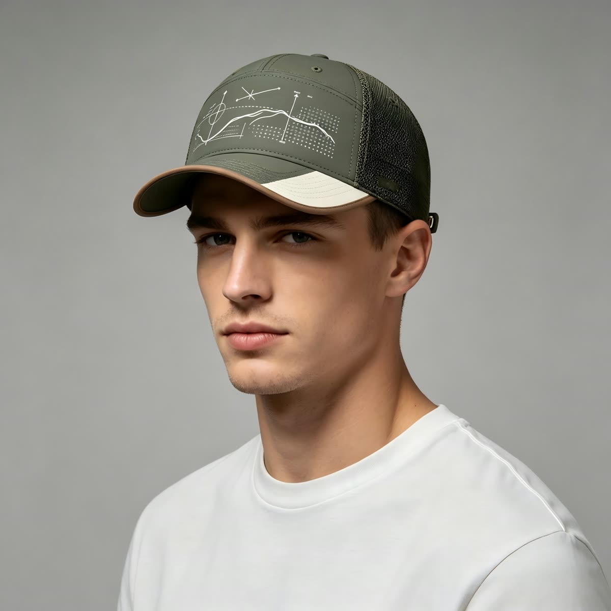 Custom Constellation Print Camp Cap with Colorblock on model