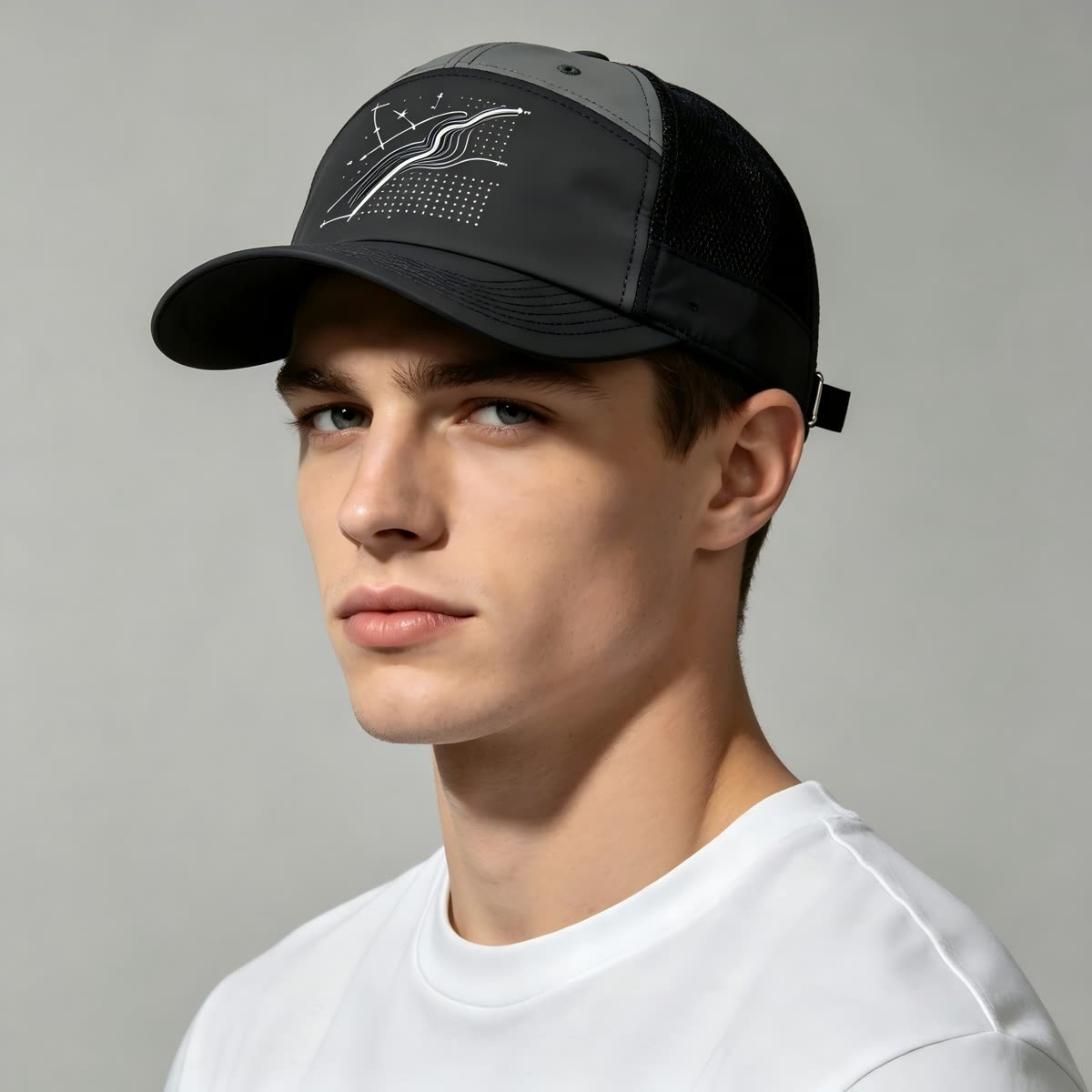 Custom Constellation Print Camp Cap with Colorblock on model