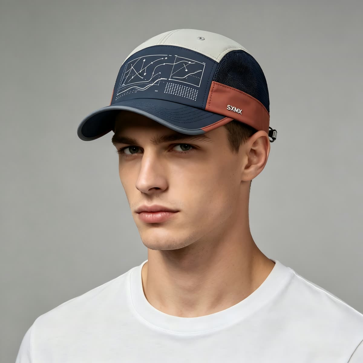 Custom Constellation Print Camp Cap with Colorblock on model