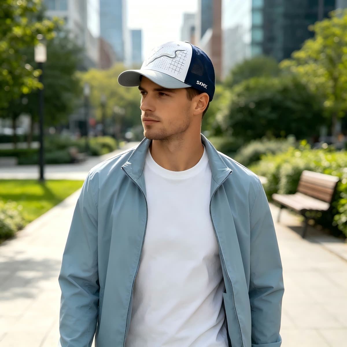 Custom Constellation Print Camp Cap with Colorblock on model