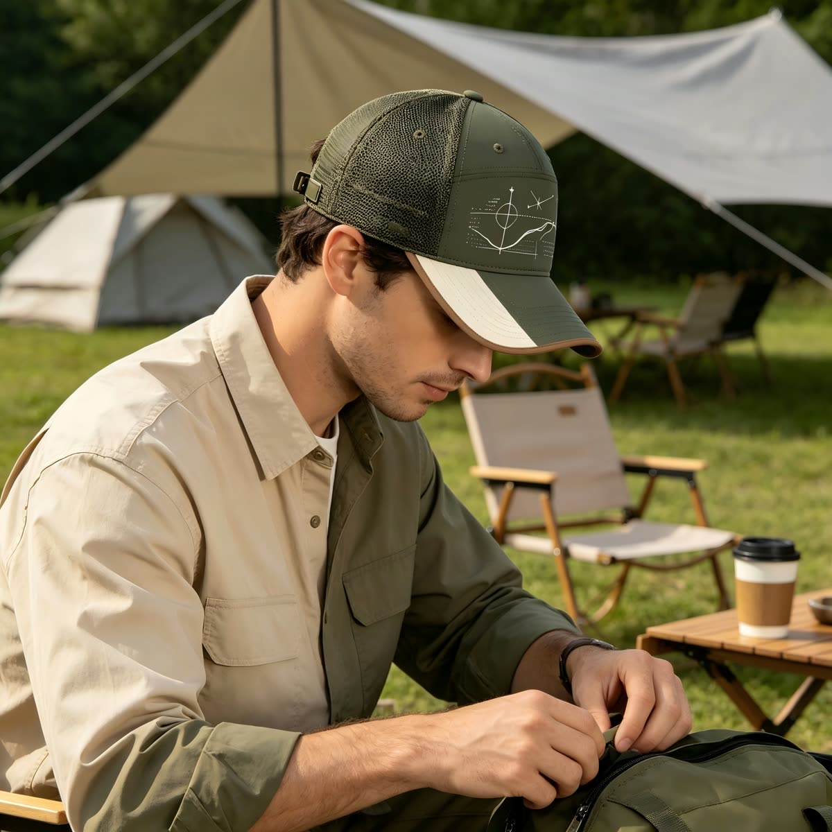 Custom Constellation Print Camp Cap with Colorblock on model