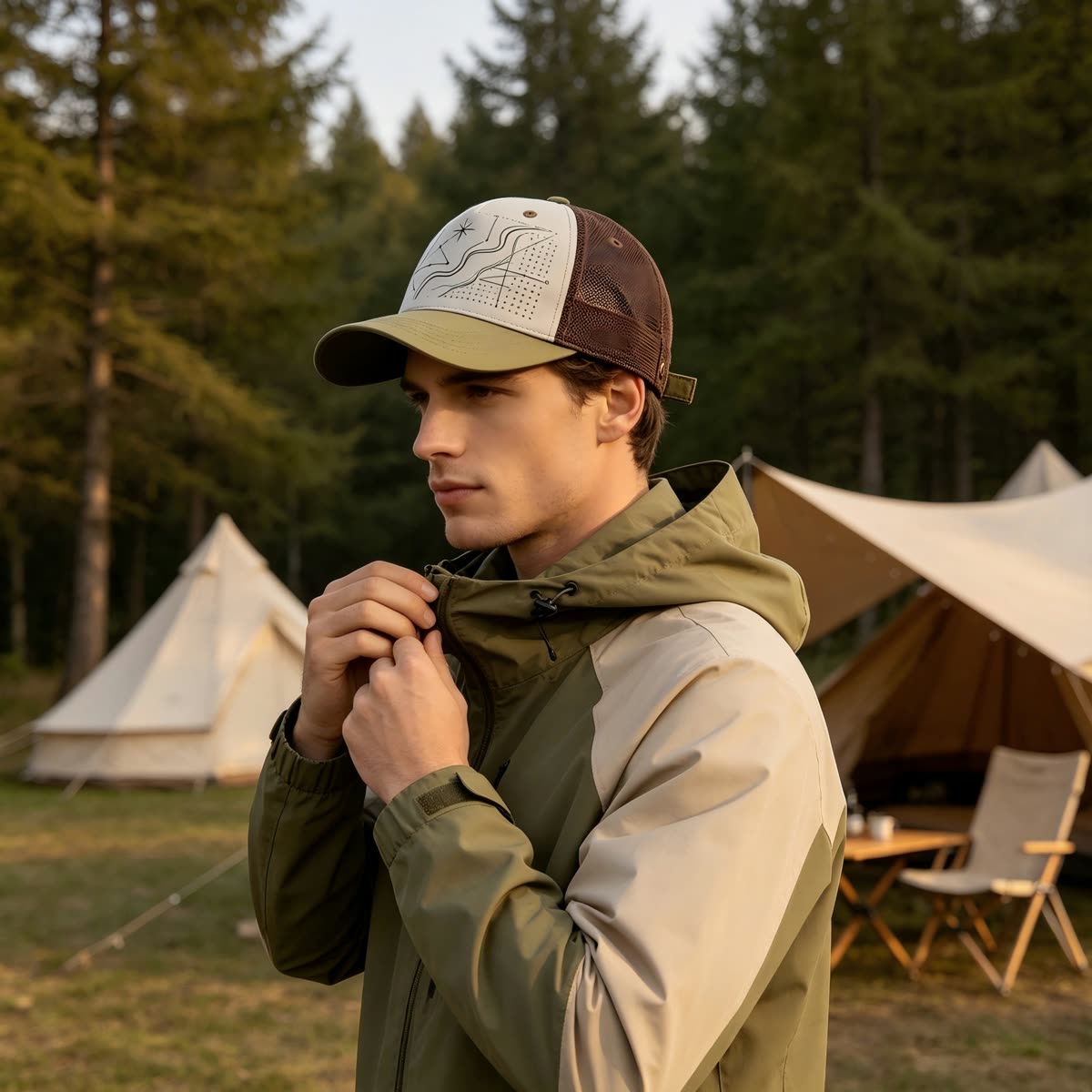 Custom Constellation Print Camp Cap with Colorblock on model