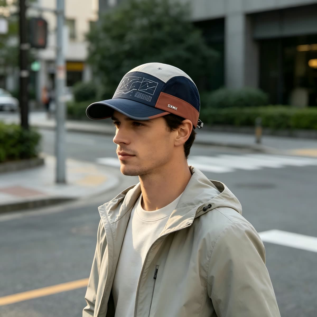 Custom Constellation Print Camp Cap with Colorblock on model