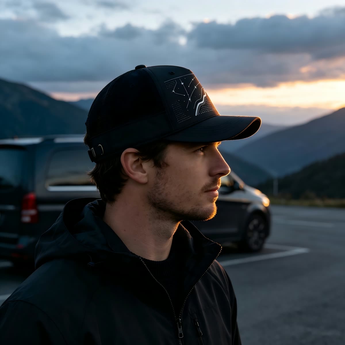 Custom Constellation Print Camp Cap with Colorblock on model