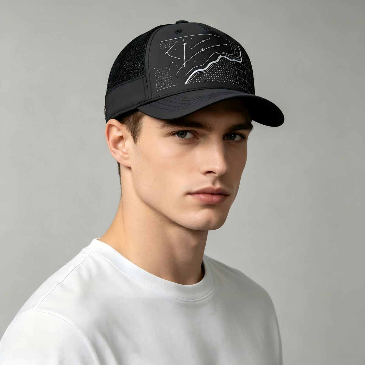 Custom Constellation Print Camp Cap with Colorblock on model