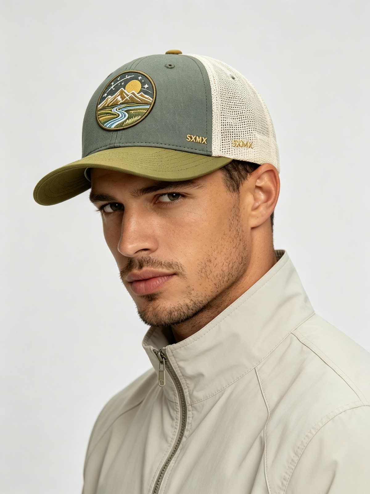 Custom Mountain Landscape Patch Trucker Cap on model