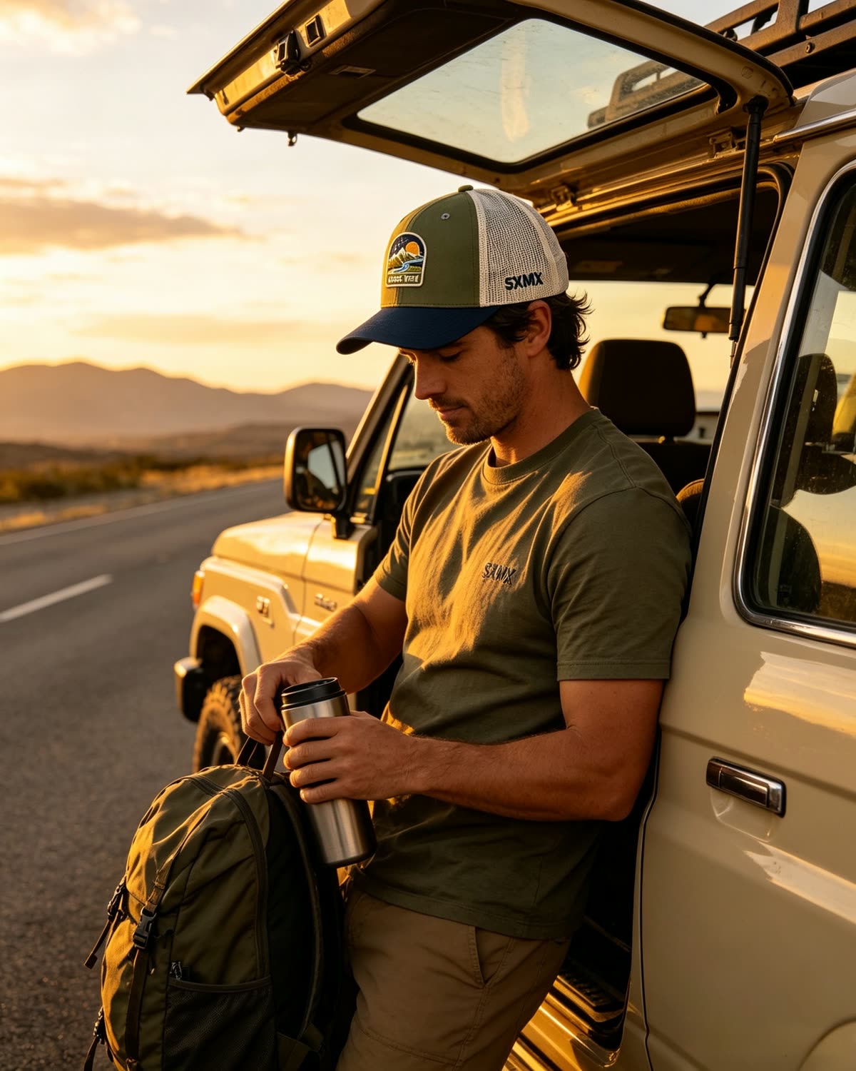 Custom Mountain Landscape Patch Trucker Cap on model