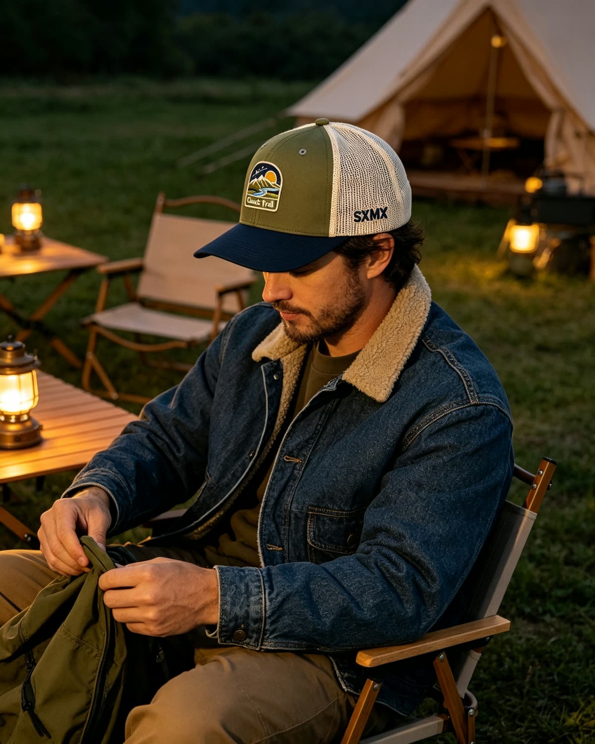 Custom Mountain Landscape Patch Trucker Cap on model
