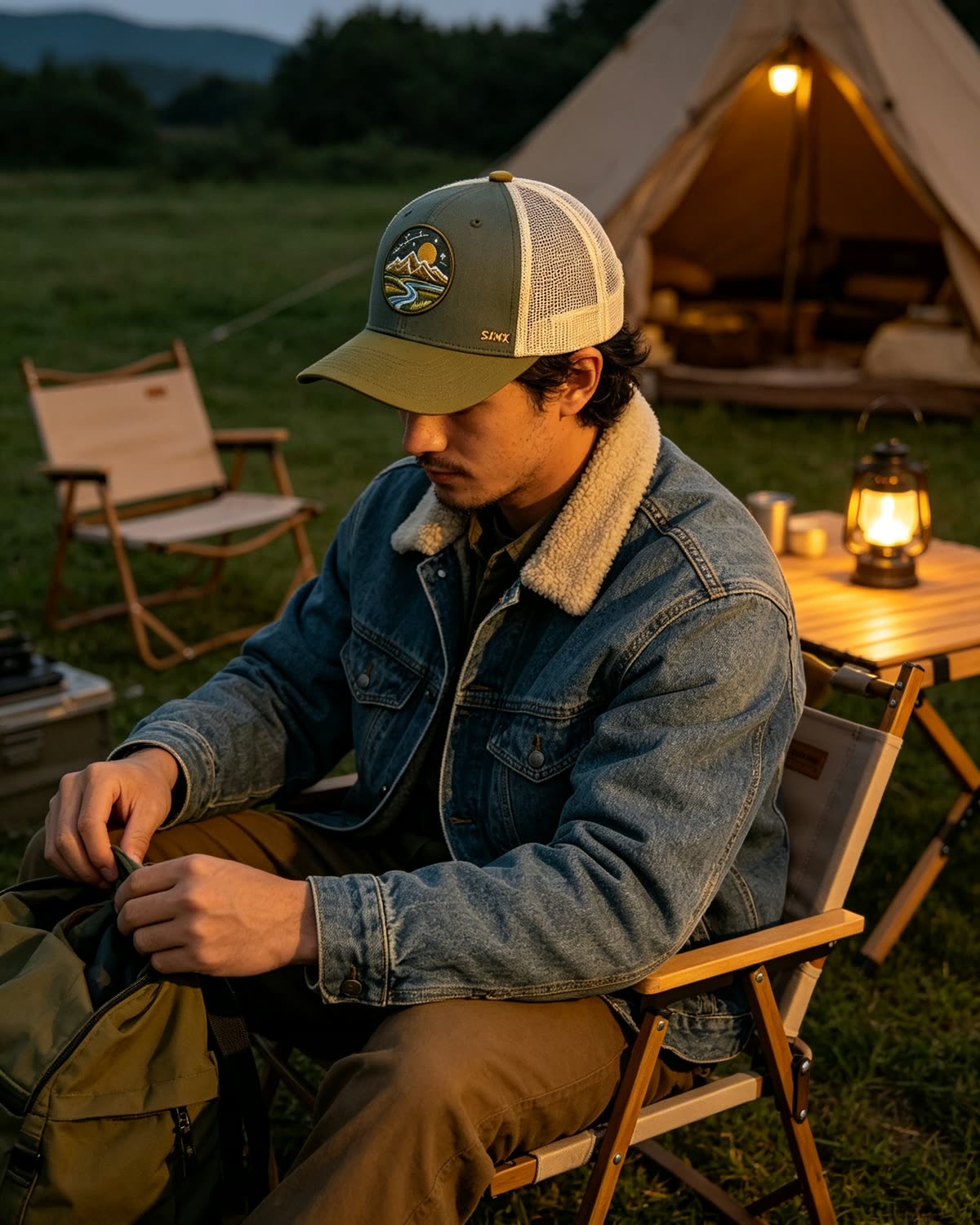 Custom Mountain Landscape Patch Trucker Cap on model