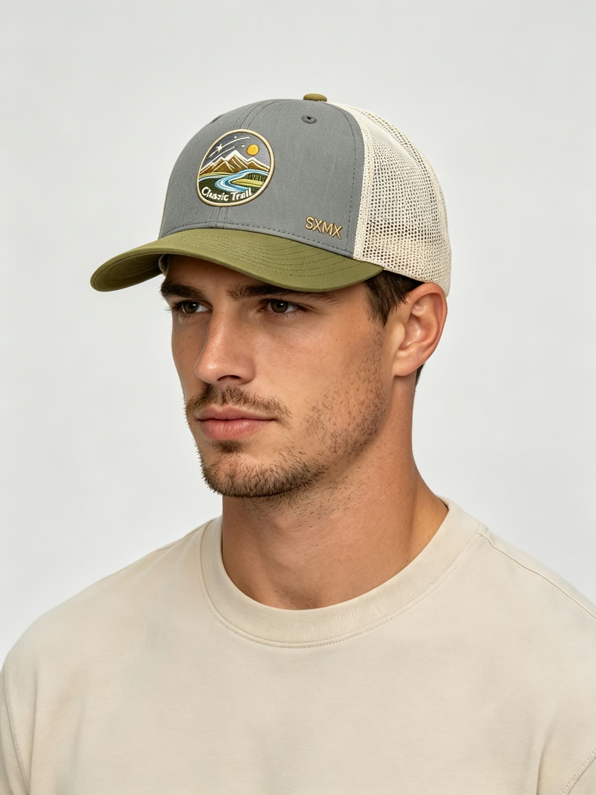 Custom Mountain Landscape Patch Trucker Cap on model