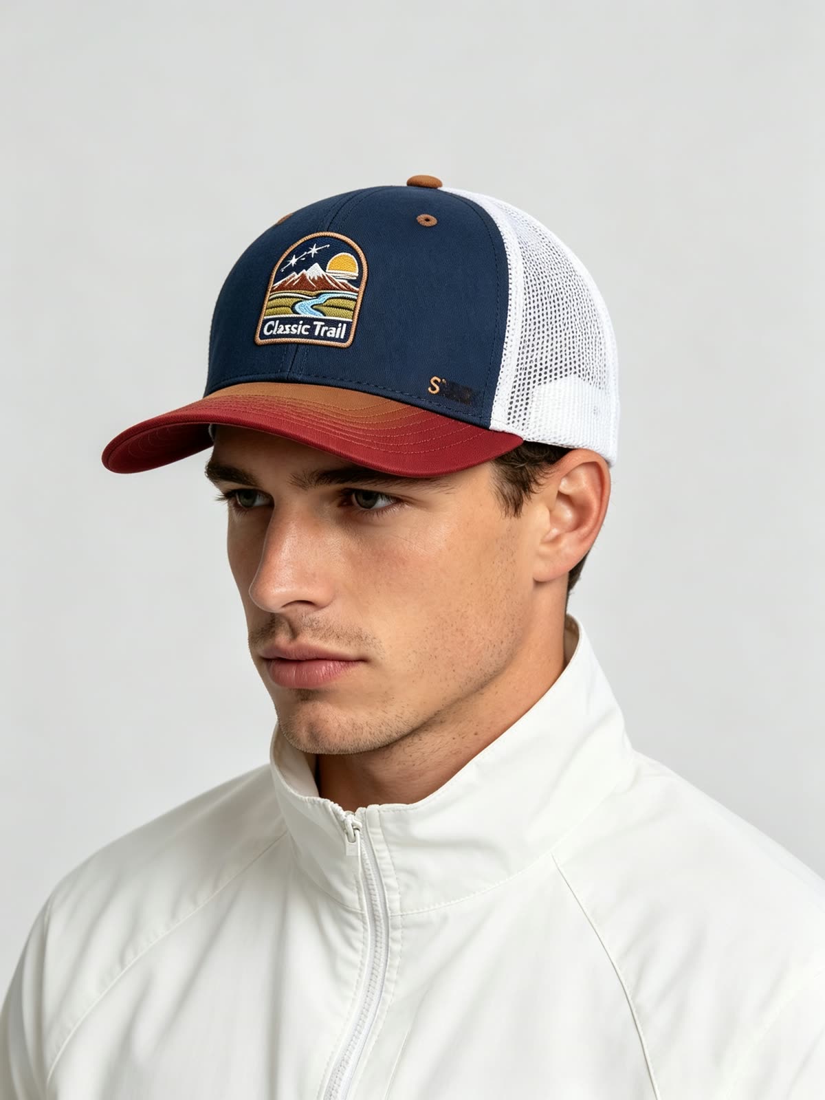 Custom Mountain Landscape Patch Trucker Cap on model