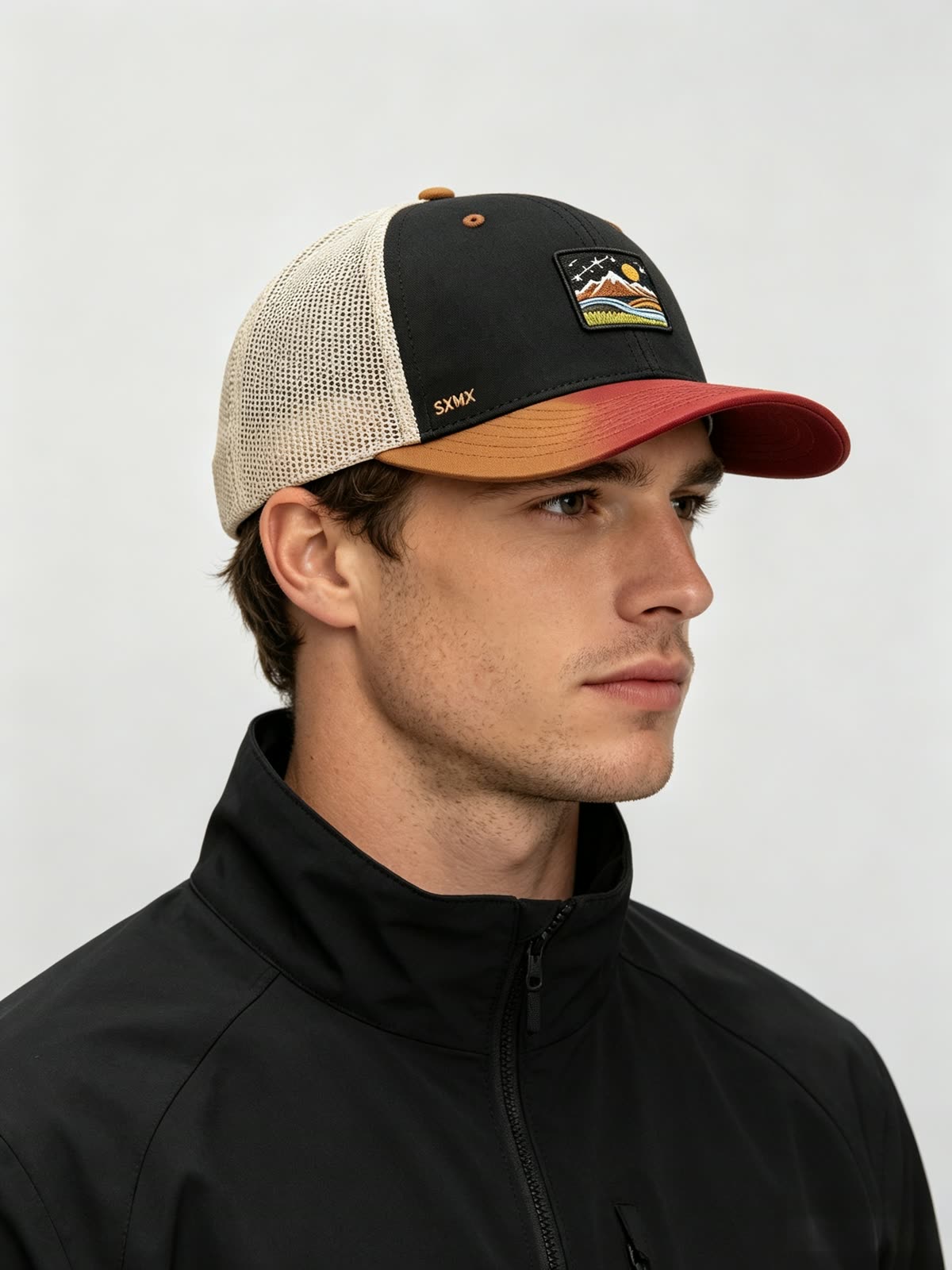 Custom Mountain Landscape Patch Trucker Cap on model