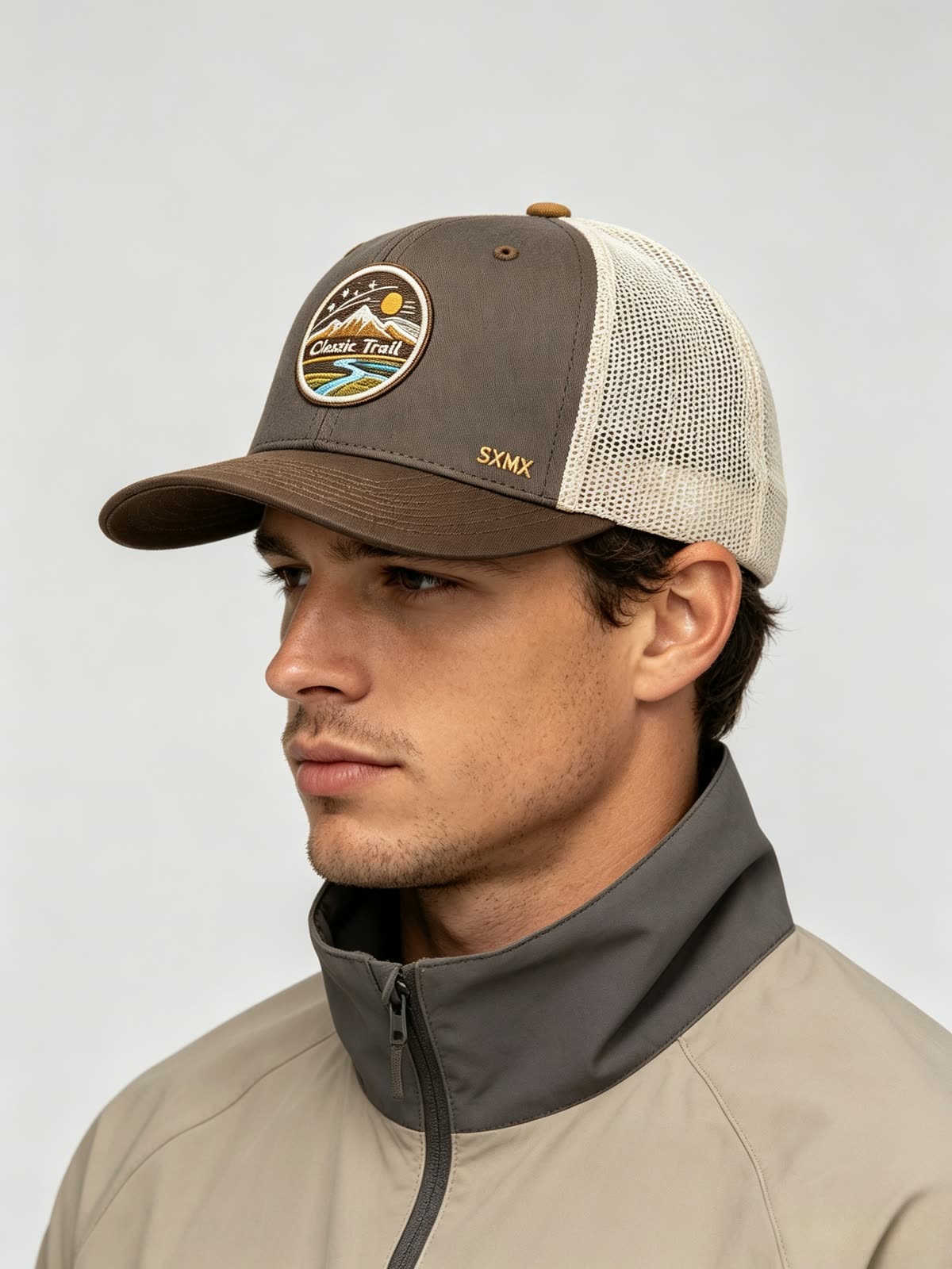 Custom Mountain Landscape Patch Trucker Cap on model