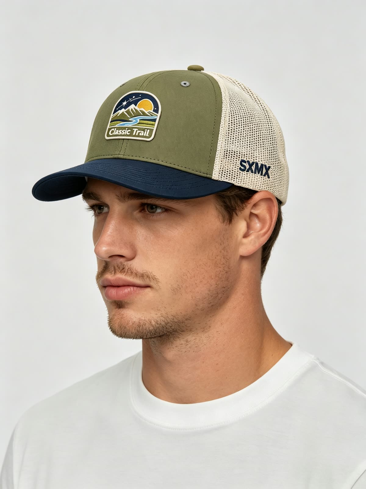 Custom Mountain Landscape Patch Trucker Cap on model