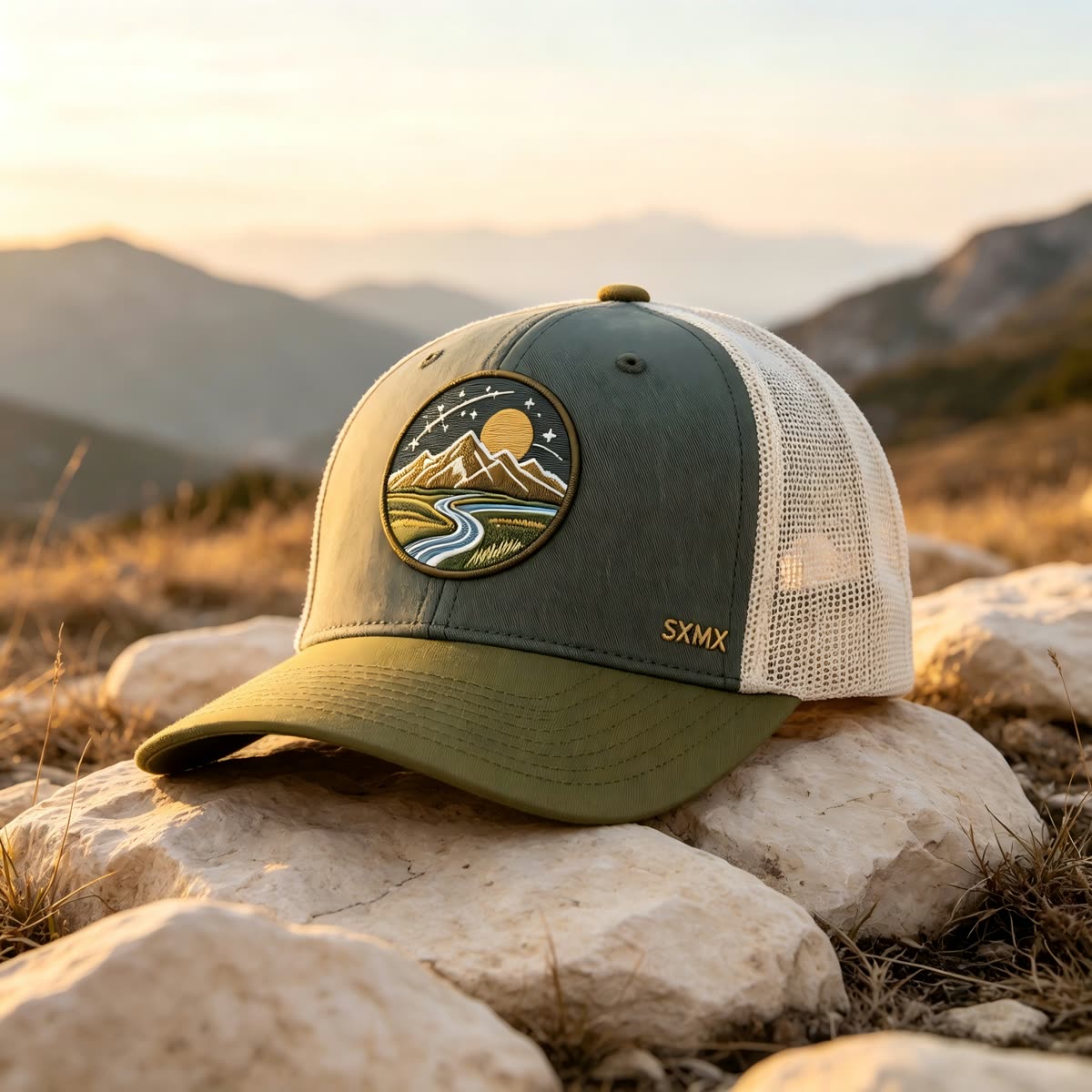 Custom Mountain Landscape Patch Trucker Cap scene