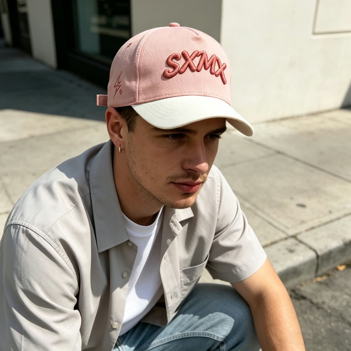 Custom Lightning Bolt Embroidery Camp Cap on model