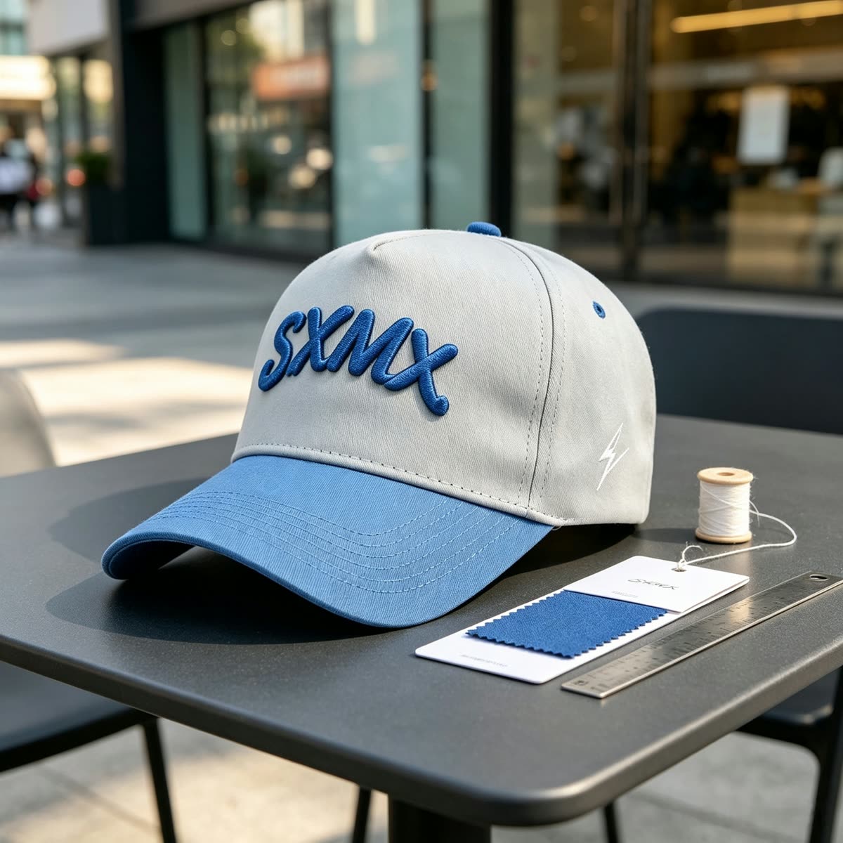 Custom Lightning Bolt Embroidery Camp Cap scene