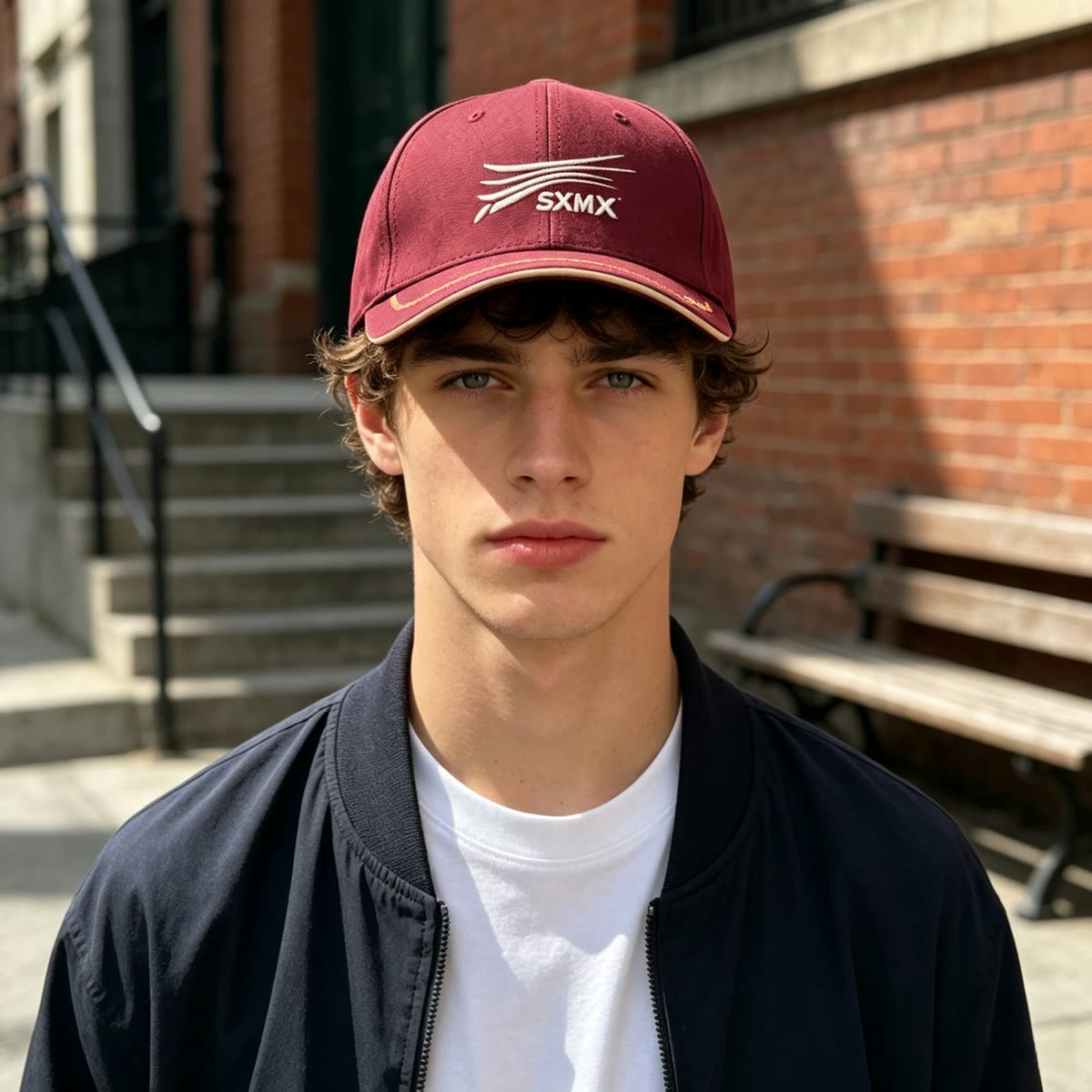 Custom Embroidered Logo Baseball Cap with Contrast Stitch on model