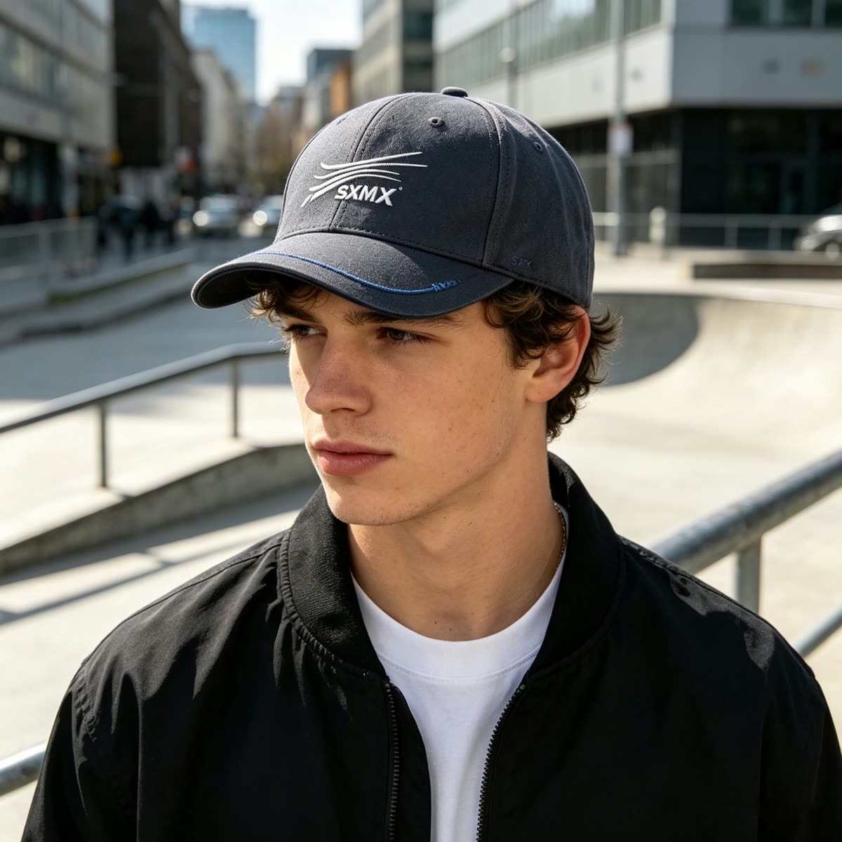 Custom Embroidered Logo Baseball Cap with Contrast Stitch on model