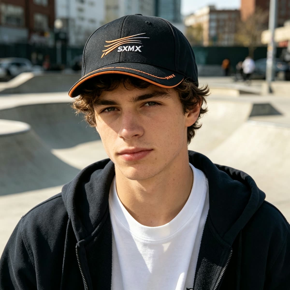 Custom Embroidered Logo Baseball Cap with Contrast Stitch on model