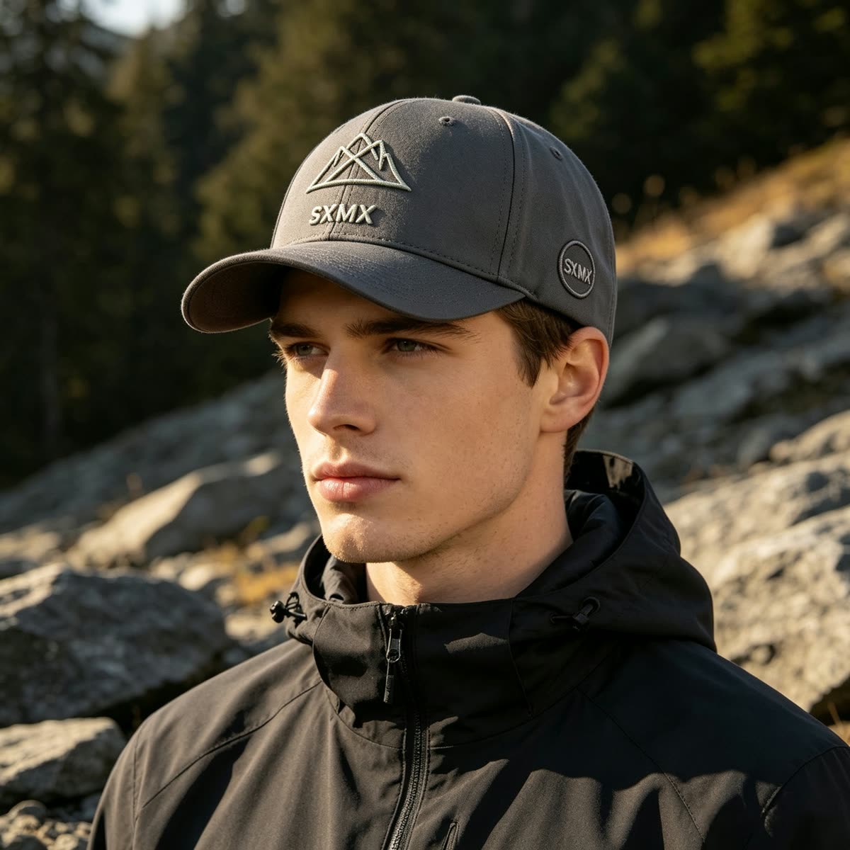 Custom Tonal Mountain Embroidery Baseball Cap on model