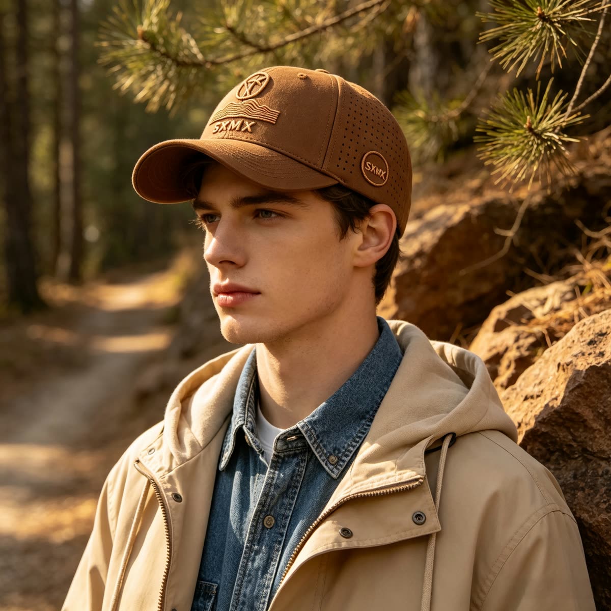 Custom Tonal Mountain Embroidery Baseball Cap on model
