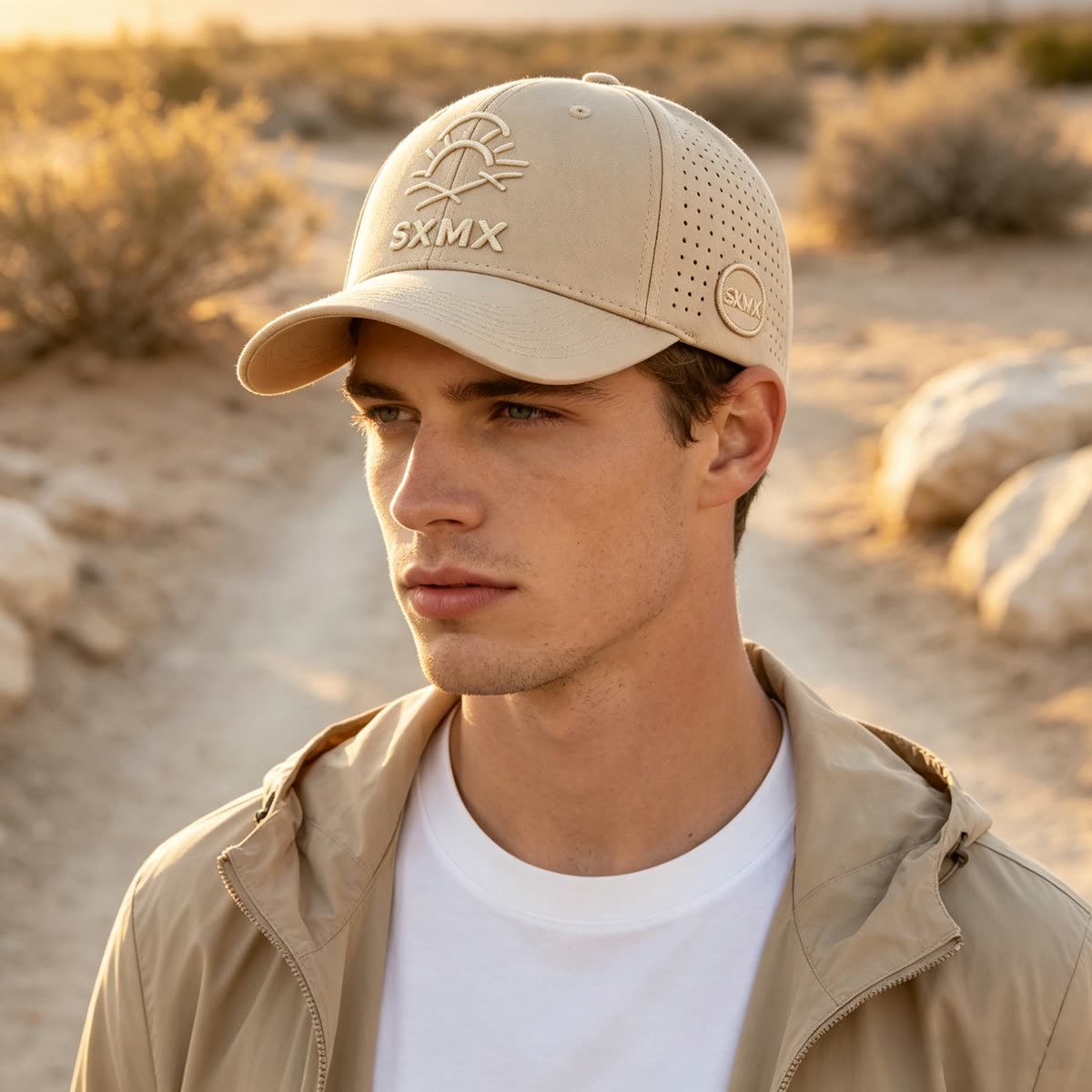 Custom Tonal Mountain Embroidery Baseball Cap on model