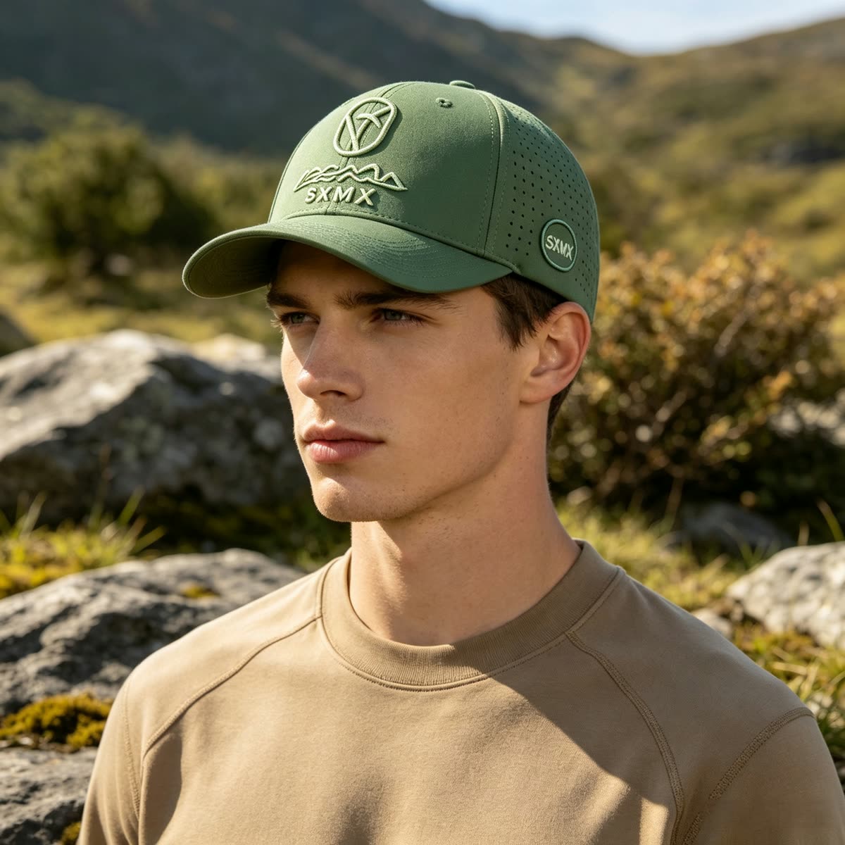Custom Tonal Mountain Embroidery Baseball Cap on model