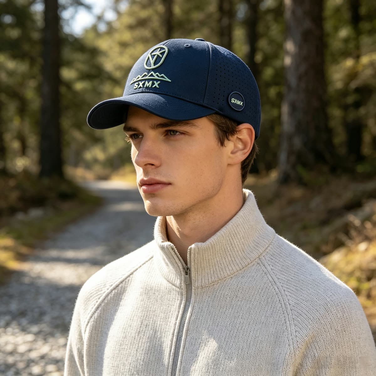Custom Tonal Mountain Embroidery Baseball Cap on model