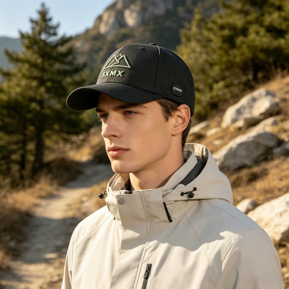 Custom Tonal Mountain Embroidery Baseball Cap on model