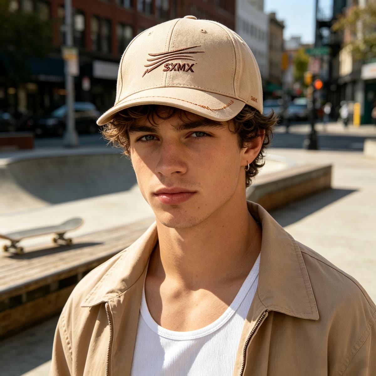 Custom Khaki Wavy Line Embroidery Baseball Cap on model